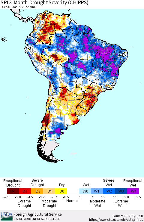 South America SPI 3-Month Drought Severity (CHIRPS) Thematic Map For 10/6/2021 - 1/5/2022
