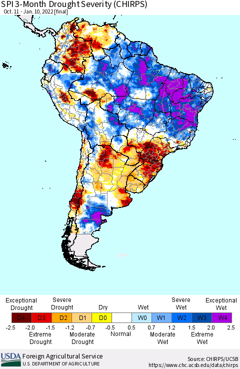 South America SPI 3-Month Drought Severity (CHIRPS) Thematic Map For 10/11/2021 - 1/10/2022