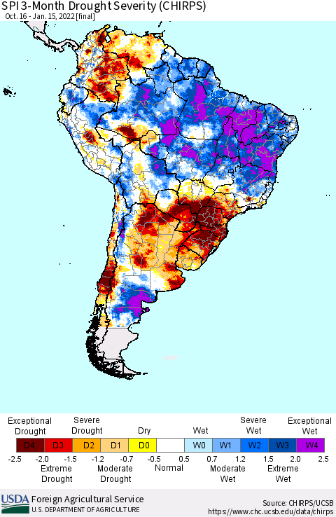 South America SPI 3-Month Drought Severity (CHIRPS) Thematic Map For 10/16/2021 - 1/15/2022