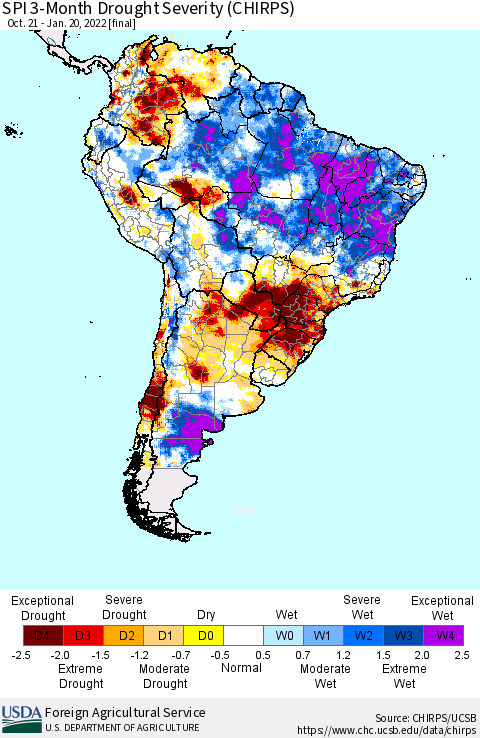 South America SPI 3-Month Drought Severity (CHIRPS) Thematic Map For 10/21/2021 - 1/20/2022