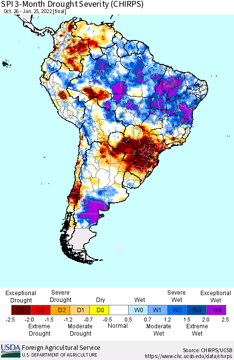 South America SPI 3-Month Drought Severity (CHIRPS) Thematic Map For 10/26/2021 - 1/25/2022