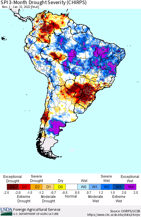 South America SPI 3-Month Drought Severity (CHIRPS) Thematic Map For 11/1/2021 - 1/31/2022