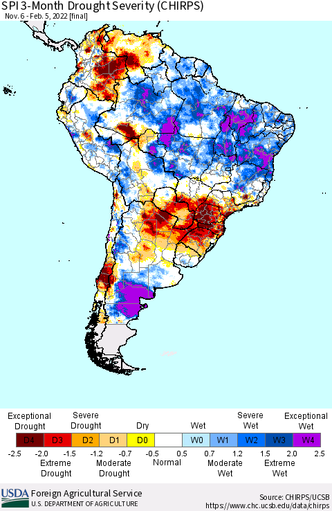South America SPI 3-Month Drought Severity (CHIRPS) Thematic Map For 11/6/2021 - 2/5/2022