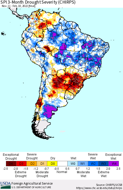 South America SPI 3-Month Drought Severity (CHIRPS) Thematic Map For 11/11/2021 - 2/10/2022