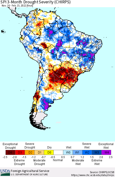 South America SPI 3-Month Drought Severity (CHIRPS) Thematic Map For 11/16/2021 - 2/15/2022