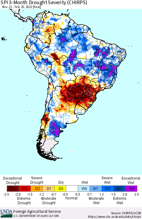 South America SPI 3-Month Drought Severity (CHIRPS) Thematic Map For 11/21/2021 - 2/20/2022