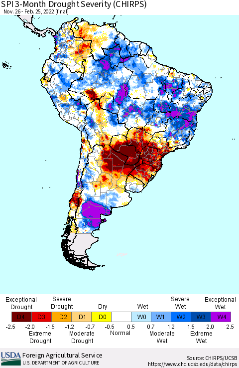 South America SPI 3-Month Drought Severity (CHIRPS) Thematic Map For 11/26/2021 - 2/25/2022