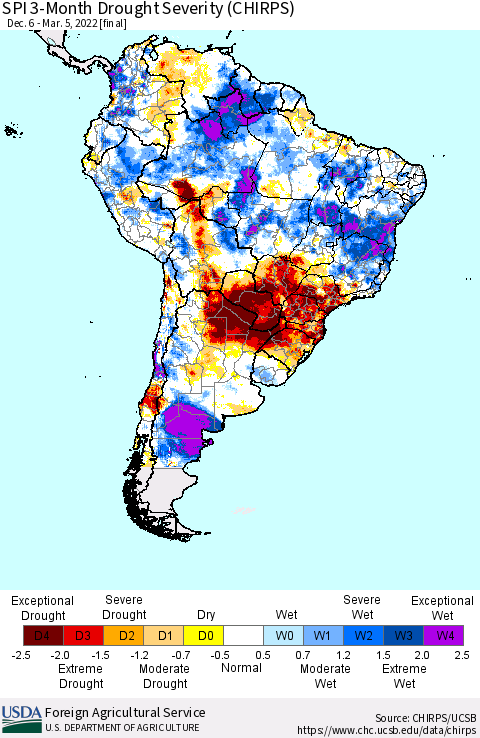 South America SPI 3-Month Drought Severity (CHIRPS) Thematic Map For 12/6/2021 - 3/5/2022