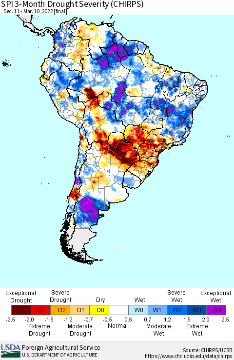 South America SPI 3-Month Drought Severity (CHIRPS) Thematic Map For 12/11/2021 - 3/10/2022