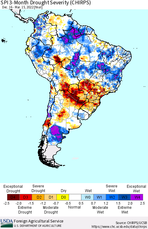 South America SPI 3-Month Drought Severity (CHIRPS) Thematic Map For 12/16/2021 - 3/15/2022