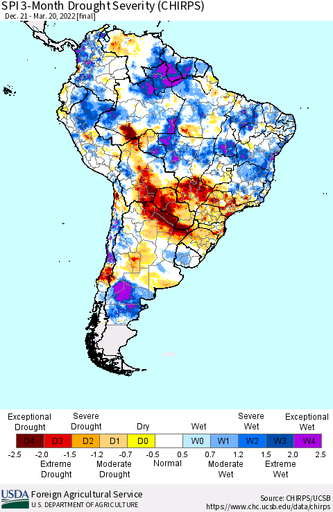 South America SPI 3-Month Drought Severity (CHIRPS) Thematic Map For 12/21/2021 - 3/20/2022