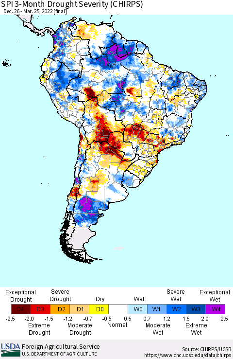 South America SPI 3-Month Drought Severity (CHIRPS) Thematic Map For 12/26/2021 - 3/25/2022