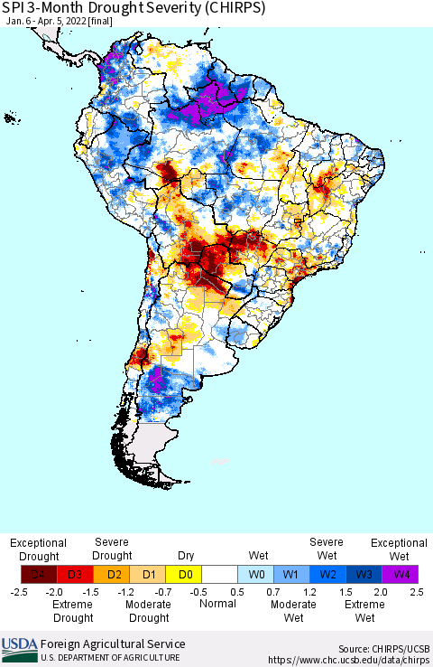 South America SPI 3-Month Drought Severity (CHIRPS) Thematic Map For 1/6/2022 - 4/5/2022