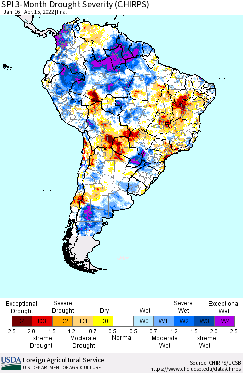 South America SPI 3-Month Drought Severity (CHIRPS) Thematic Map For 1/16/2022 - 4/15/2022