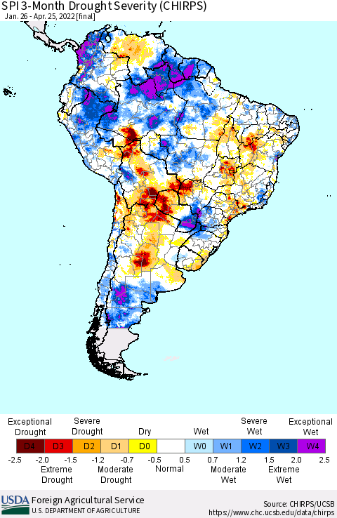 South America SPI 3-Month Drought Severity (CHIRPS) Thematic Map For 1/26/2022 - 4/25/2022