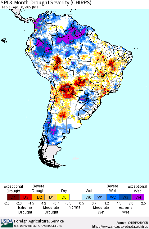 South America SPI 3-Month Drought Severity (CHIRPS) Thematic Map For 2/1/2022 - 4/30/2022