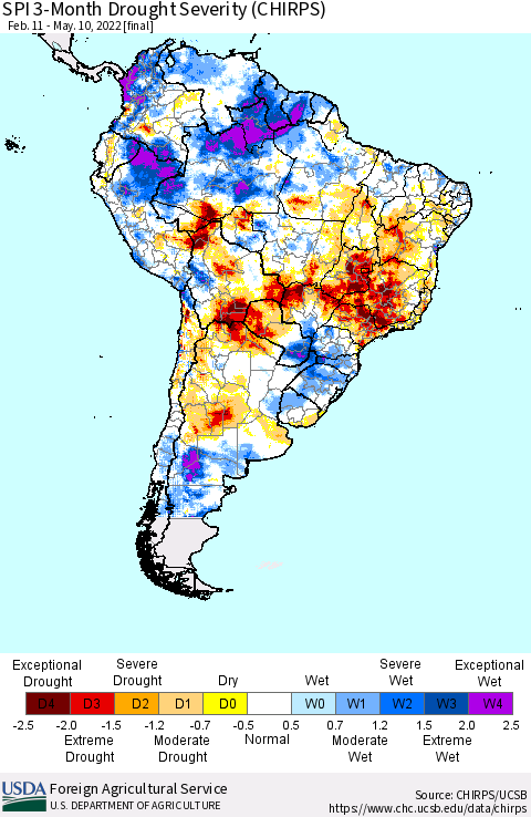 South America SPI 3-Month Drought Severity (CHIRPS) Thematic Map For 2/11/2022 - 5/10/2022