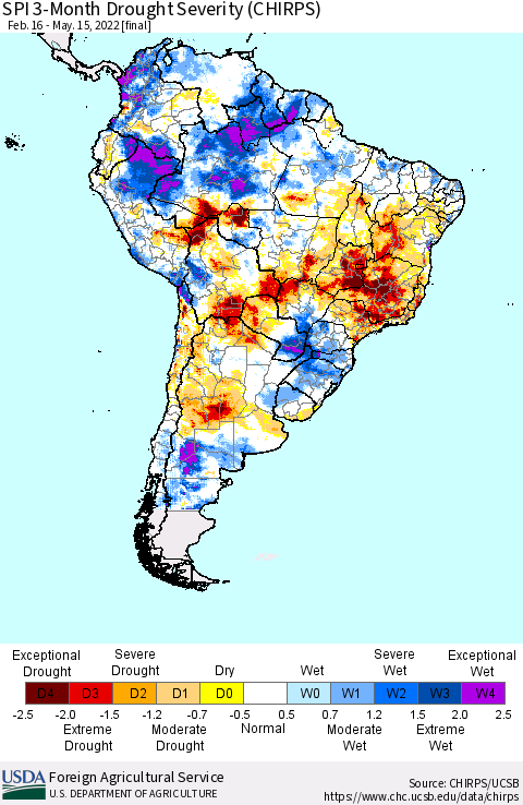 South America SPI 3-Month Drought Severity (CHIRPS) Thematic Map For 2/16/2022 - 5/15/2022