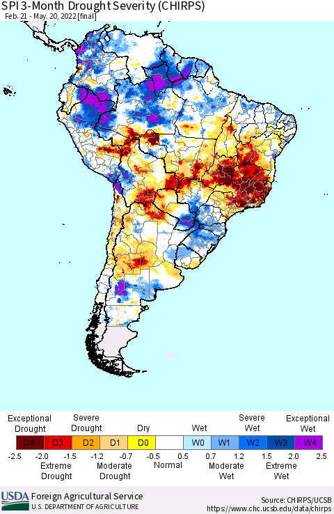 South America SPI 3-Month Drought Severity (CHIRPS) Thematic Map For 2/21/2022 - 5/20/2022