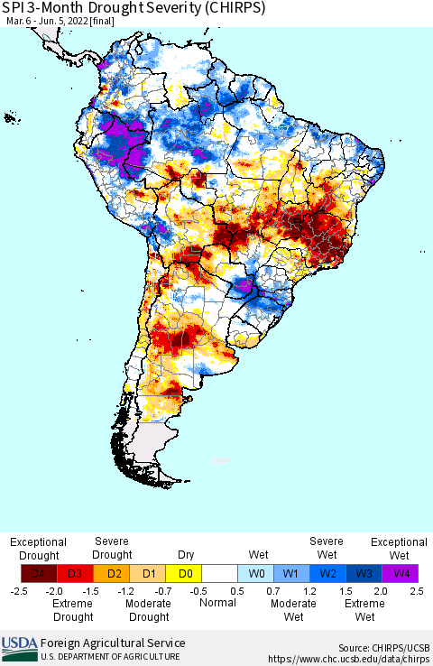 South America SPI 3-Month Drought Severity (CHIRPS) Thematic Map For 3/6/2022 - 6/5/2022