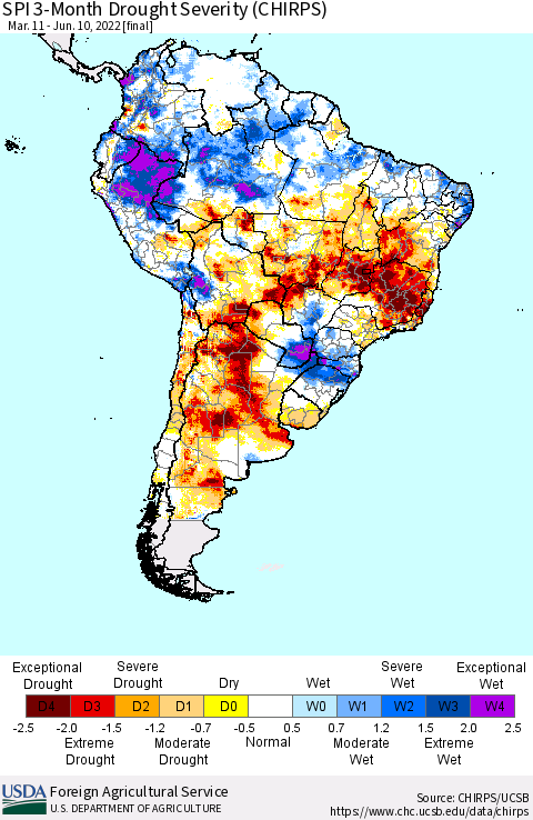 South America SPI 3-Month Drought Severity (CHIRPS) Thematic Map For 3/11/2022 - 6/10/2022