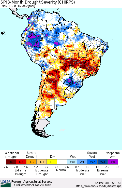 South America SPI 3-Month Drought Severity (CHIRPS) Thematic Map For 3/16/2022 - 6/15/2022