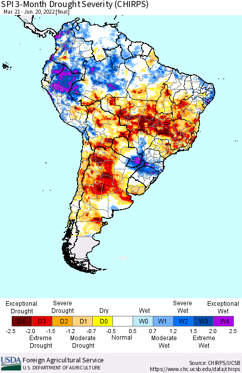 South America SPI 3-Month Drought Severity (CHIRPS) Thematic Map For 3/21/2022 - 6/20/2022