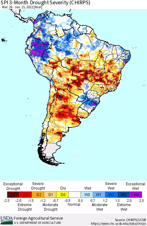 South America SPI 3-Month Drought Severity (CHIRPS) Thematic Map For 3/26/2022 - 6/25/2022