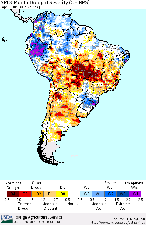 South America SPI 3-Month Drought Severity (CHIRPS) Thematic Map For 4/1/2022 - 6/30/2022