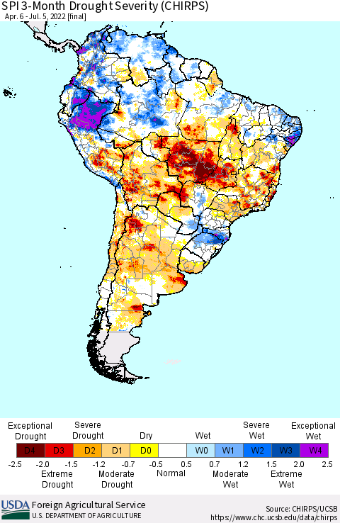 South America SPI 3-Month Drought Severity (CHIRPS) Thematic Map For 4/6/2022 - 7/5/2022