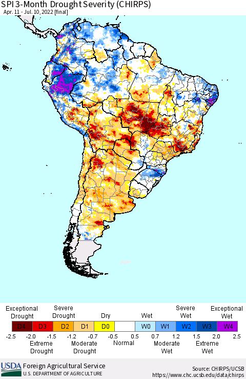 South America SPI 3-Month Drought Severity (CHIRPS) Thematic Map For 4/11/2022 - 7/10/2022