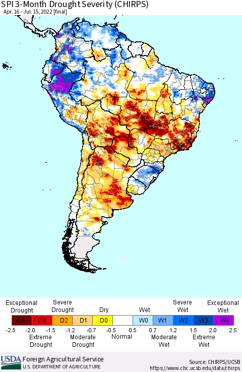 South America SPI 3-Month Drought Severity (CHIRPS) Thematic Map For 4/16/2022 - 7/15/2022