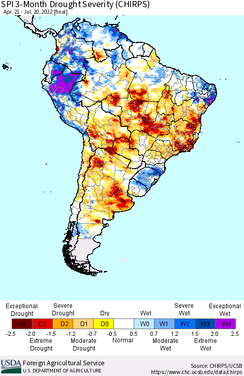 South America SPI 3-Month Drought Severity (CHIRPS) Thematic Map For 4/21/2022 - 7/20/2022