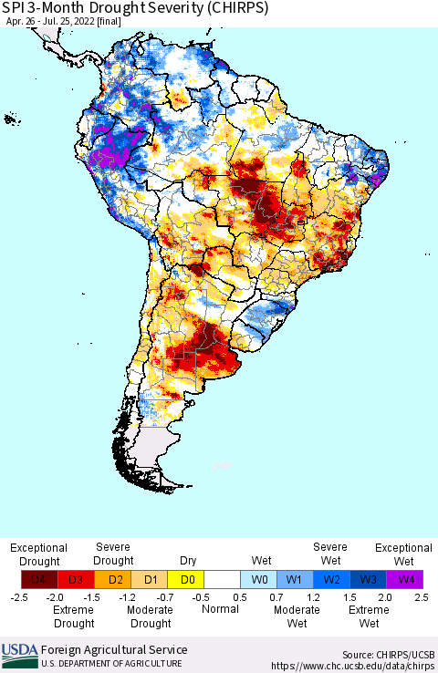 South America SPI 3-Month Drought Severity (CHIRPS) Thematic Map For 4/26/2022 - 7/25/2022