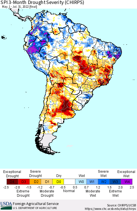 South America SPI 3-Month Drought Severity (CHIRPS) Thematic Map For 5/1/2022 - 7/31/2022