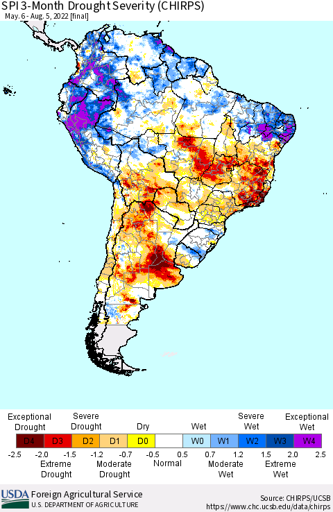 South America SPI 3-Month Drought Severity (CHIRPS) Thematic Map For 5/6/2022 - 8/5/2022