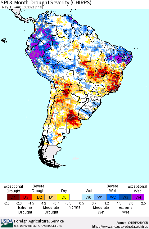 South America SPI 3-Month Drought Severity (CHIRPS) Thematic Map For 5/11/2022 - 8/10/2022