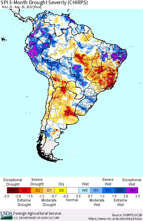 South America SPI 3-Month Drought Severity (CHIRPS) Thematic Map For 5/21/2022 - 8/20/2022