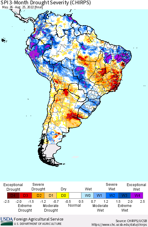 South America SPI 3-Month Drought Severity (CHIRPS) Thematic Map For 5/26/2022 - 8/25/2022