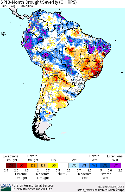 South America SPI 3-Month Drought Severity (CHIRPS) Thematic Map For 6/1/2022 - 8/31/2022