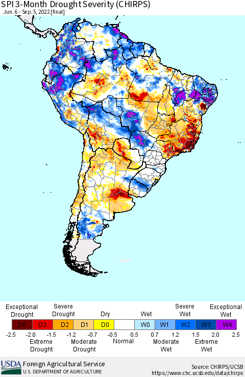 South America SPI 3-Month Drought Severity (CHIRPS) Thematic Map For 6/6/2022 - 9/5/2022