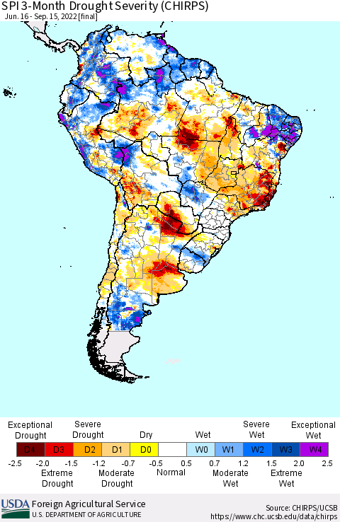 South America SPI 3-Month Drought Severity (CHIRPS) Thematic Map For 6/16/2022 - 9/15/2022