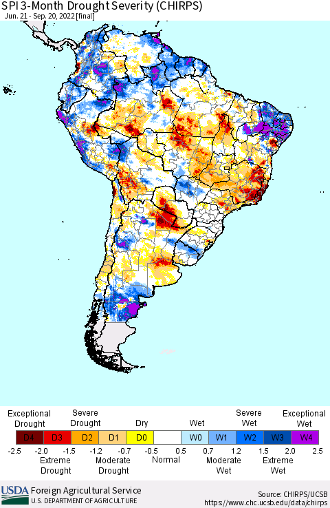South America SPI 3-Month Drought Severity (CHIRPS) Thematic Map For 6/21/2022 - 9/20/2022