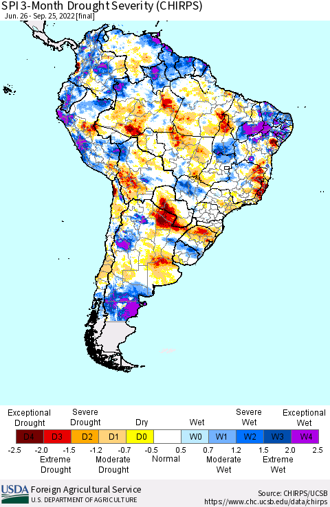 South America SPI 3-Month Drought Severity (CHIRPS) Thematic Map For 6/26/2022 - 9/25/2022