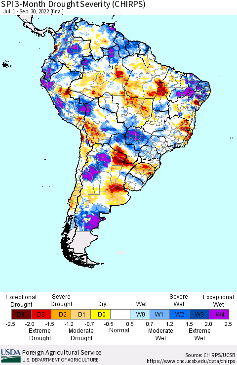 South America SPI 3-Month Drought Severity (CHIRPS) Thematic Map For 7/1/2022 - 9/30/2022