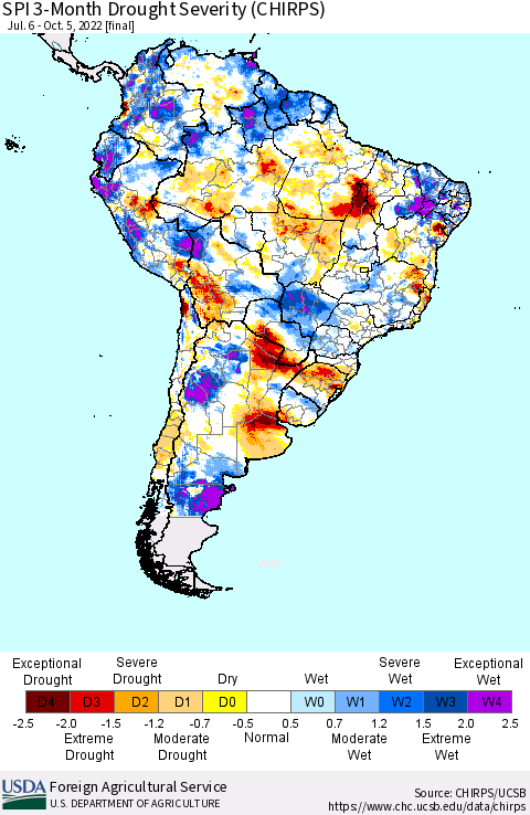 South America SPI 3-Month Drought Severity (CHIRPS) Thematic Map For 7/6/2022 - 10/5/2022