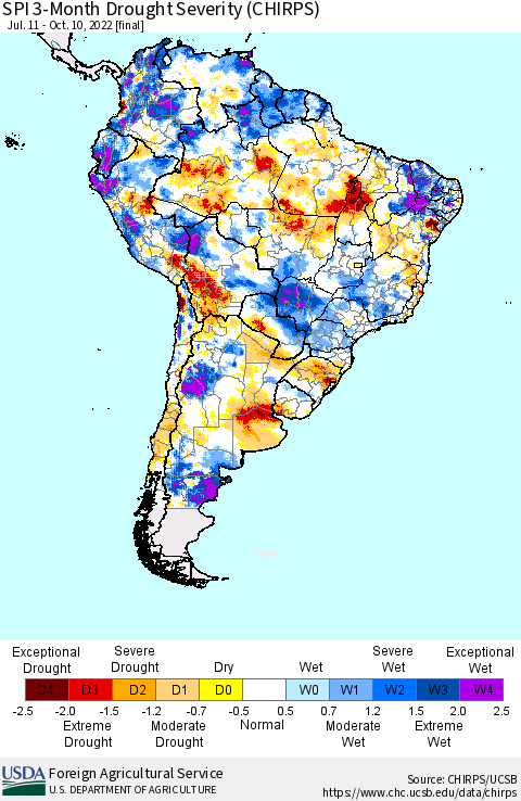 South America SPI 3-Month Drought Severity (CHIRPS) Thematic Map For 7/11/2022 - 10/10/2022