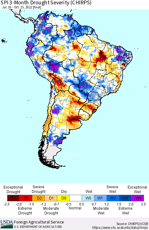 South America SPI 3-Month Drought Severity (CHIRPS) Thematic Map For 7/16/2022 - 10/15/2022