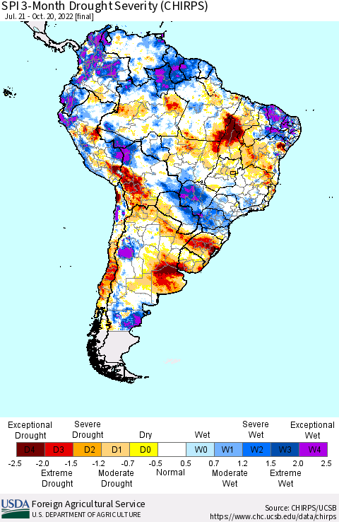 South America SPI 3-Month Drought Severity (CHIRPS) Thematic Map For 7/21/2022 - 10/20/2022