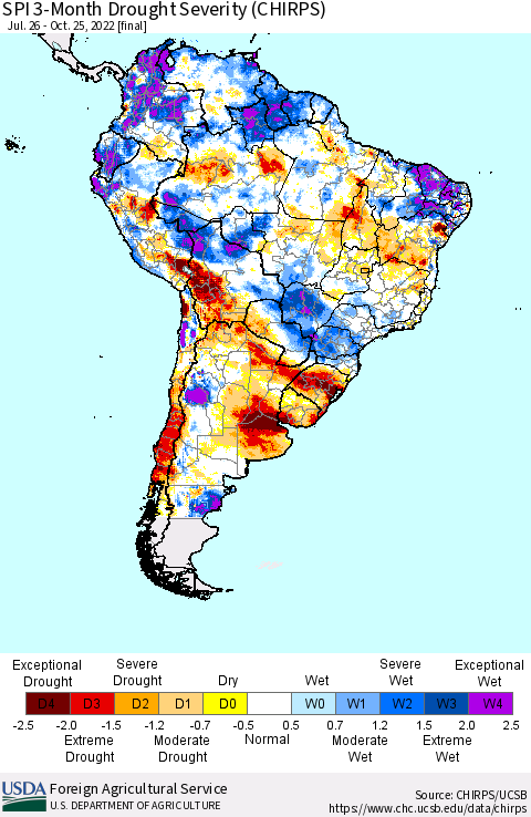 South America SPI 3-Month Drought Severity (CHIRPS) Thematic Map For 7/26/2022 - 10/25/2022